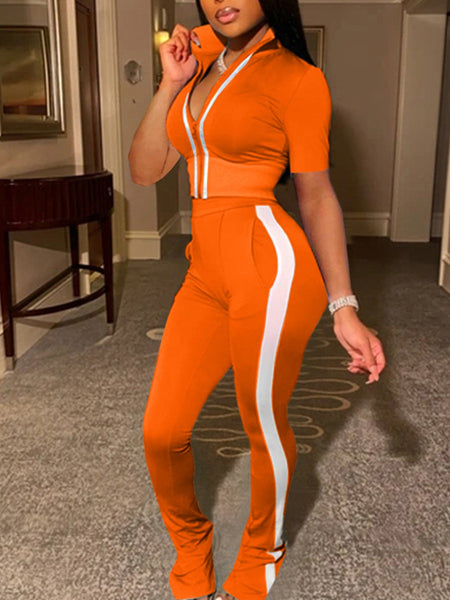 BASICS Pocket Zipper Design Striped Pants Set AT8025