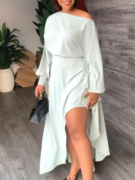 Plus Size Inclined Neck Fold Design Asymmetrical Split Dress AT9024