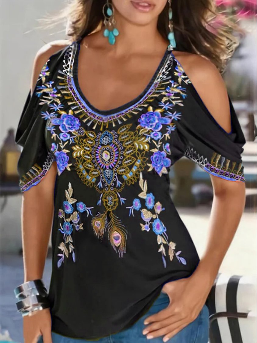 Boho Printed V Neck Off Shoulder Cold Shoulder Cotton Blend Short Sleeve Tunic Top QAL29