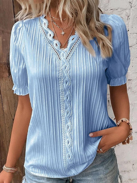 V Neck Plain Lace Elegant Shirt  mm241