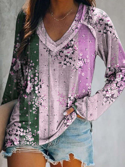 Women Casual Floral Autumn Daily Jersey Best Sell Long sleeve Regular H-Line Tunic T-Shirt QAL3