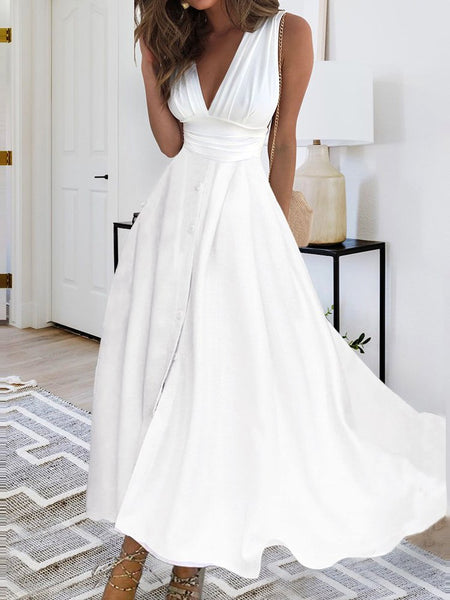 Robe élégante unie ample à col en V F4067