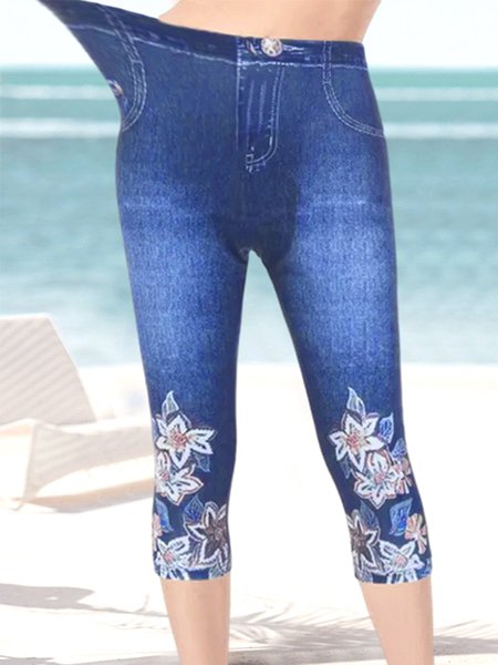 Tight Vacation Geometric Skinny Capri Leggings Faux Denim Flower Print Leggings Elastic Waist Summer Casual Leggings  QN104