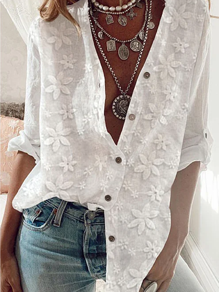 Women&#x27;s Lace Stitching Cotton Linen Long Sleeve Shirt  mm299