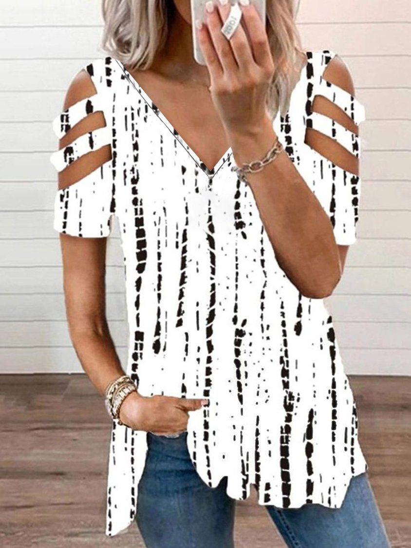 Tribal Geometric Striped Casual Hollow Out V Neck Loosen Short Sleeve Tunic T-Shirt QAL46