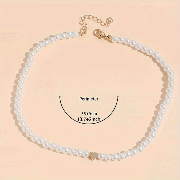 Golden Heart Full Faux Pearl Decor Beaded Necklace GE8570 Furdela