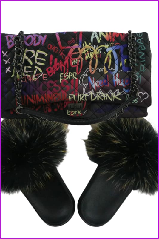 Big Graffiti Black Milti Color Purse with Black Mixed Fur Slides Set - Furdela