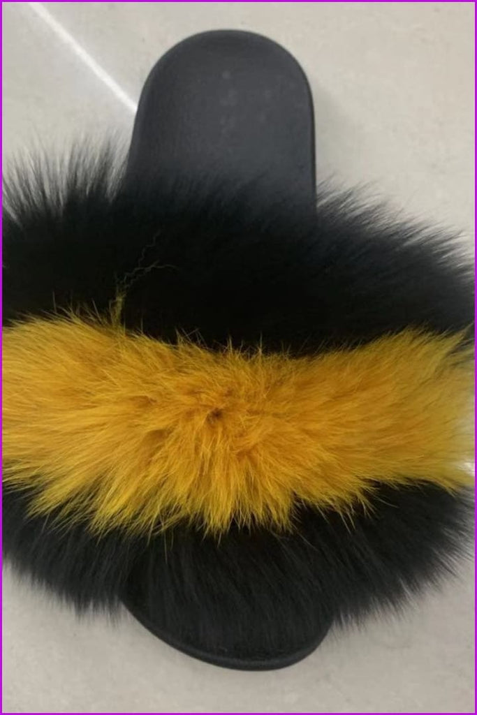 Black And Dark Yellow Fox Full-Pelt Fur Sliders DF003 - Furdela