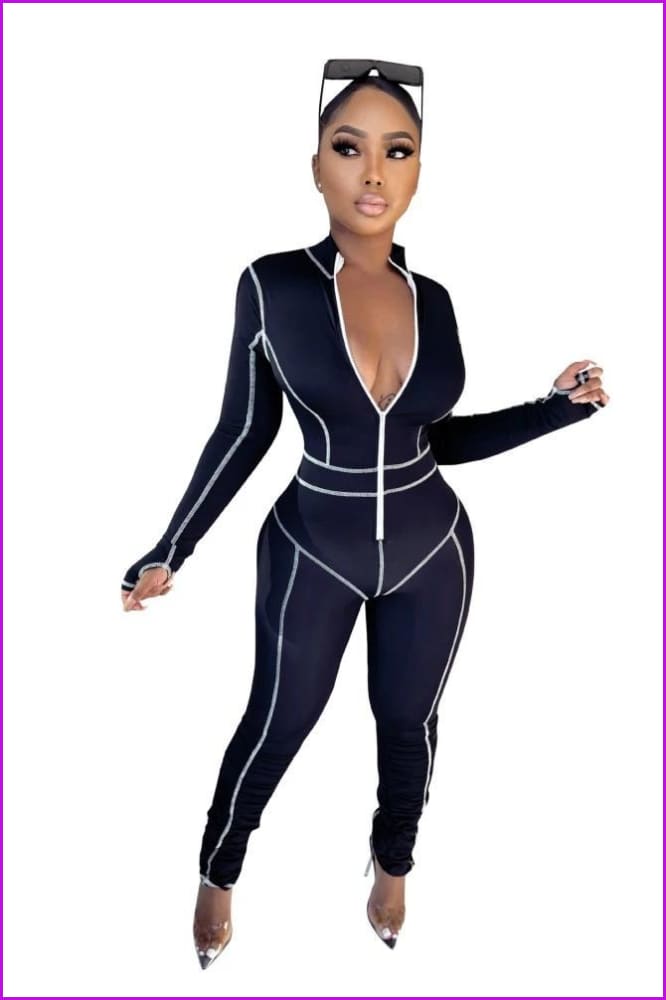 Black Bodysuit Women Zipper V Collar Patchwork Jumpsuit DE314 - Furdela