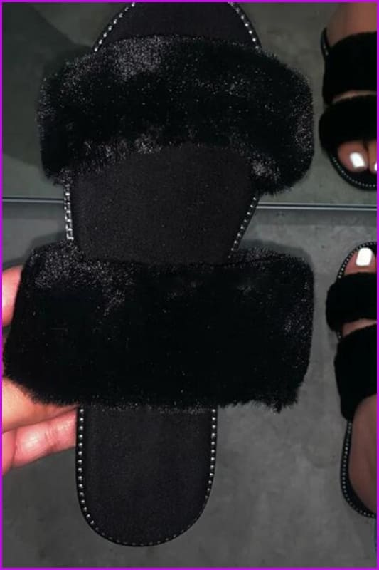 Black Causal Fur Slides F454 - Furdela