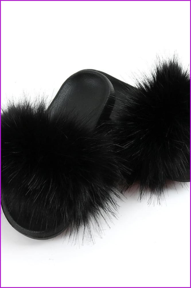 Black Faux Fake Big Fur Slides F152 - Furdela