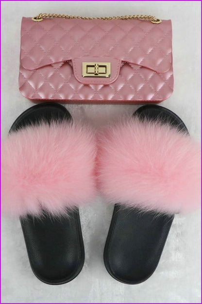 Black Furry Slides with Matching Color Chain Strap Purse F737 - Furdela