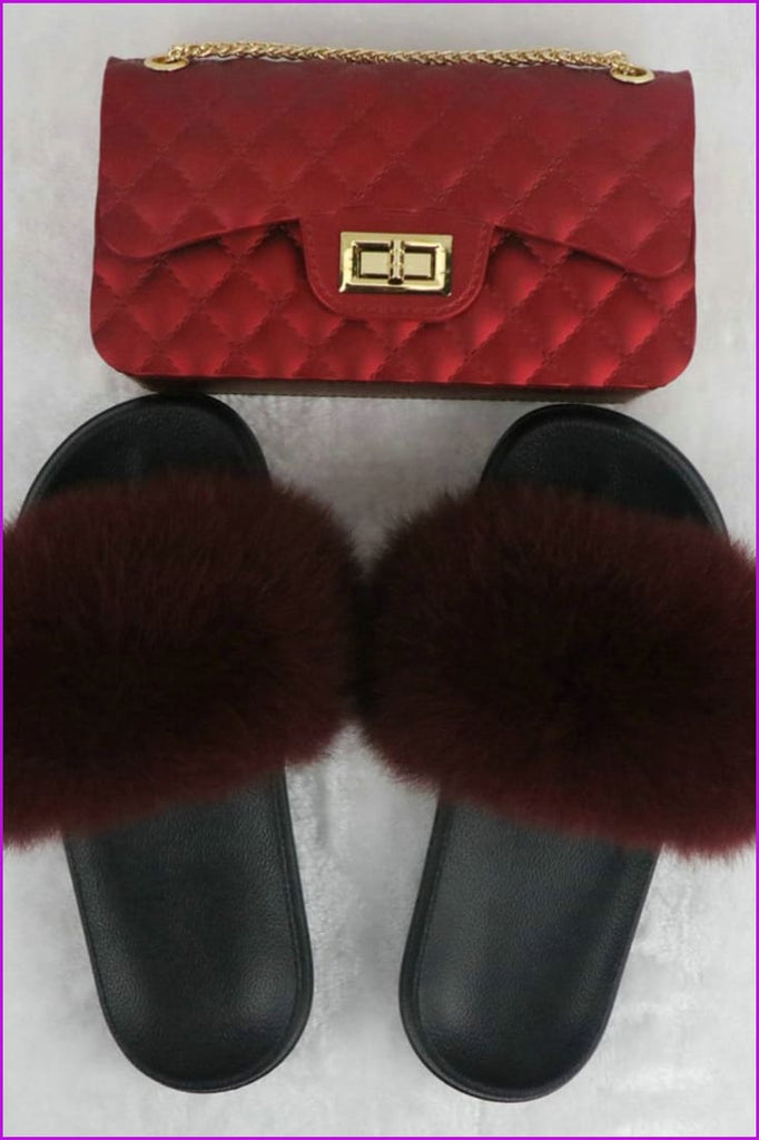 Fur slides and cheap matching purse