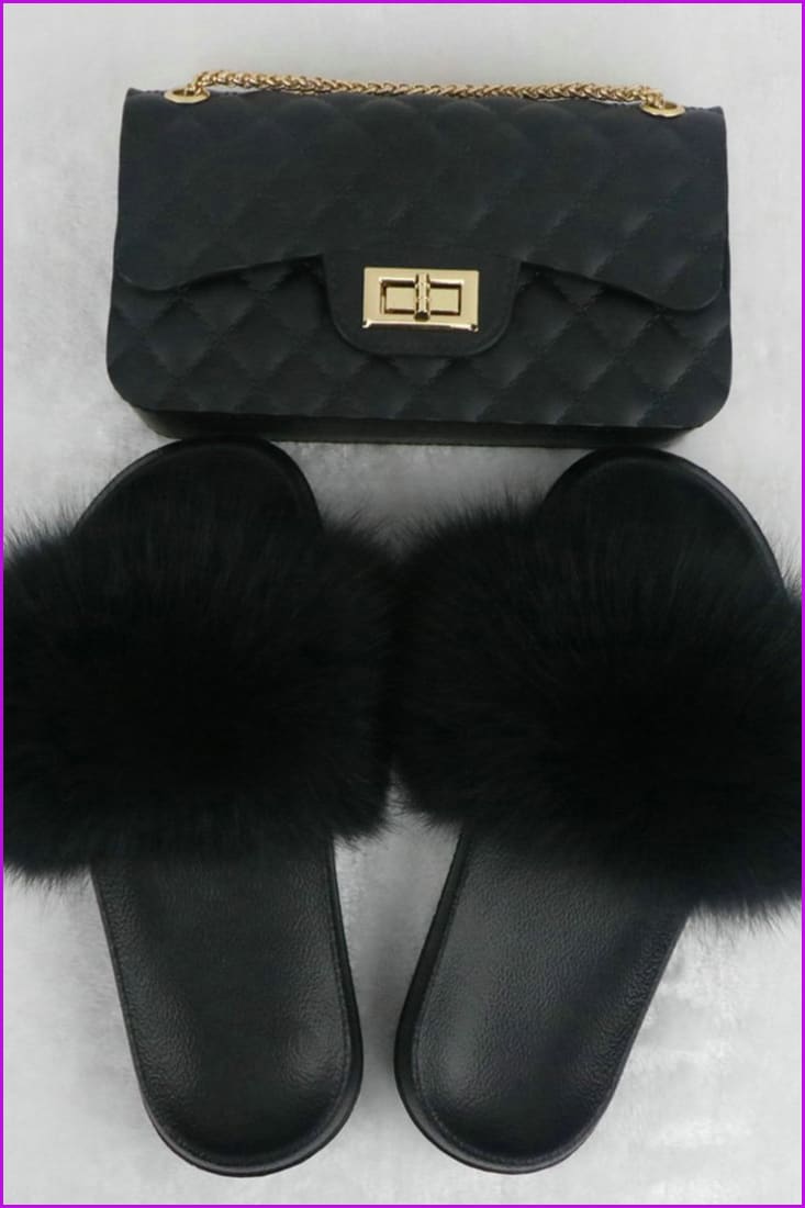 Black Furry Slides with Matching Color Chain Strap Purse F737 - Furdela