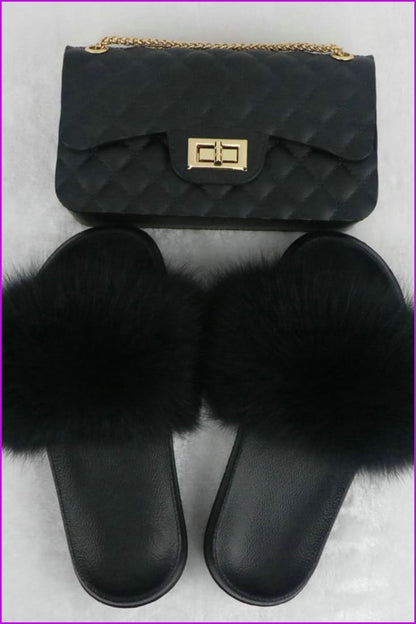 Black Furry Slides with Matching Color Chain Strap Purse F737 - Furdela