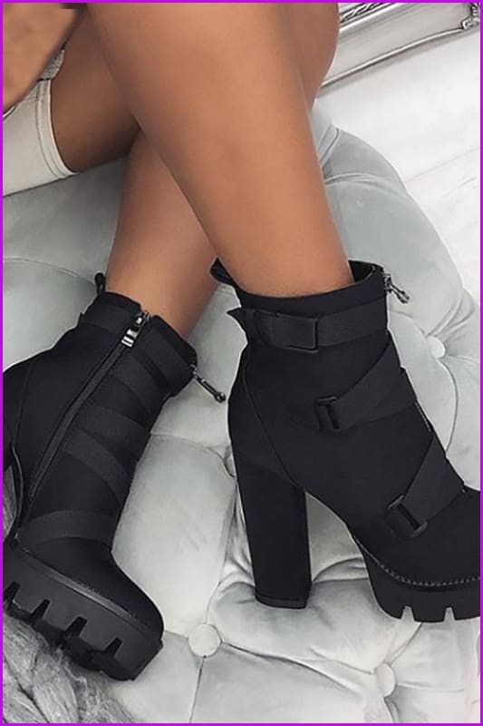 Black High Heel Platform Woman Short Boots F290 - Furdela
