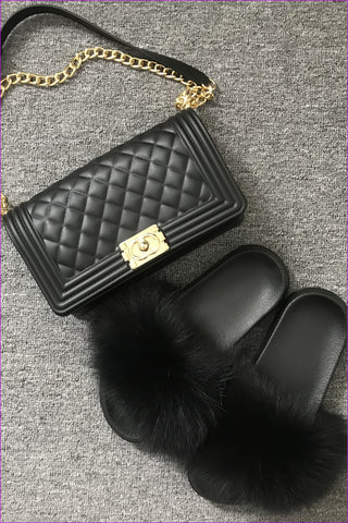 Black Jelly Shoulder Bag And Slides Set - Furdela