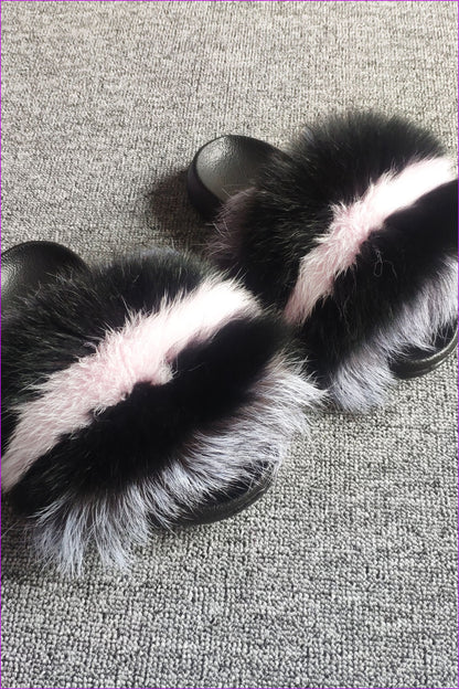 Black Mixed Pink Fox Full-Pelt Fur Sliders DF003 - Furdela