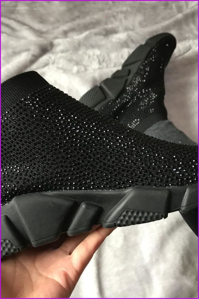 Black Rhinestone Crystal Sock Boots Sneakers F175 - Furdela