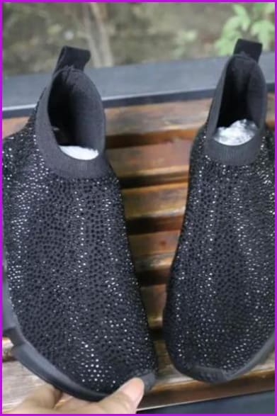 Black Rhinestone Crystal Sock Boots Sneakers F175 - Furdela