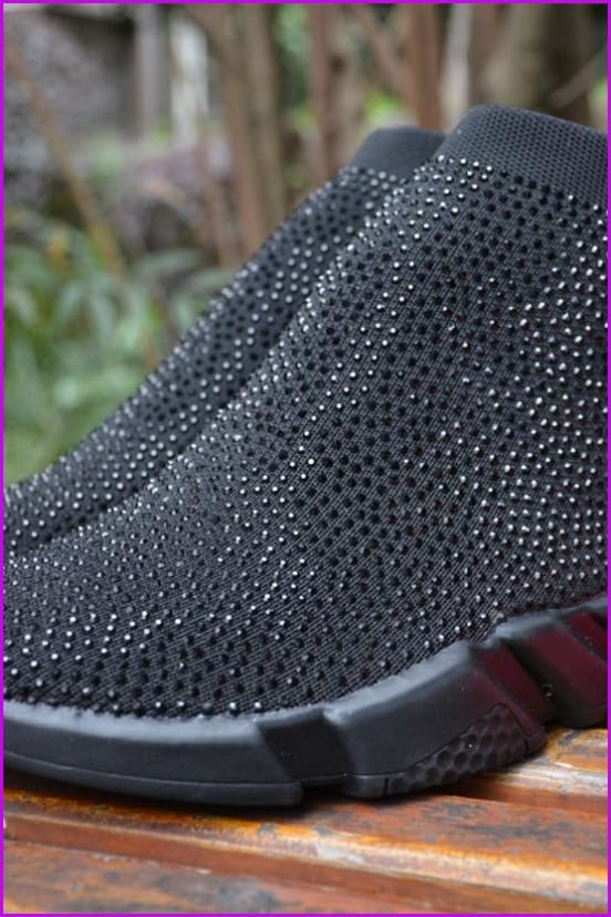 Black Rhinestone Crystal Sock Boots Sneakers F175 - Furdela