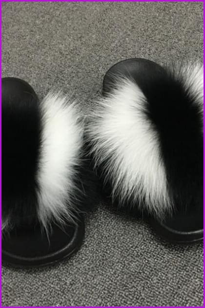 Black White Fox Full-Pelt Fur Sliders DF003 - Furdela Wholesale