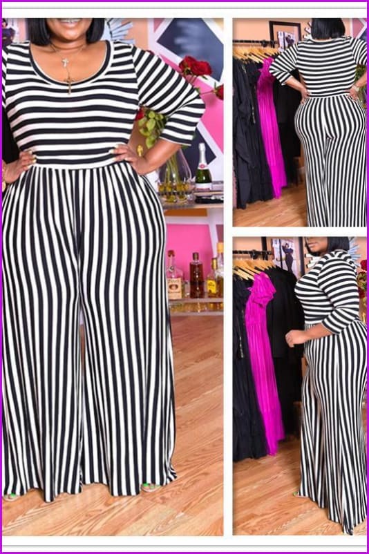 Black White Stripes Jumpsuit F108 - Furdela