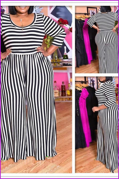 Black White Stripes Jumpsuit F108 - Furdela