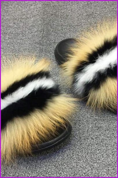 Black White Yellow Mixed Fox Full-Pelt Fur Sliders DF003 - Furdela Wholesale