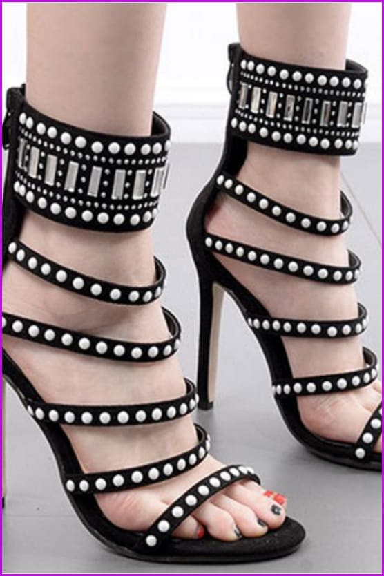 Black/Beige Crystal Stripes High Heel Sandals F085 - Furdela