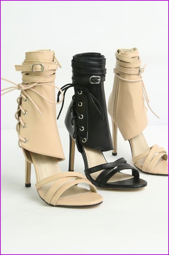 Black/Beige Sweet Laced PU High Heel Sandals F083 - Furdela