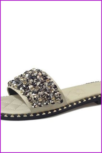 Black/Beige/Silver Crystal Rivets Flat Beach Slippers F140 - Furdela