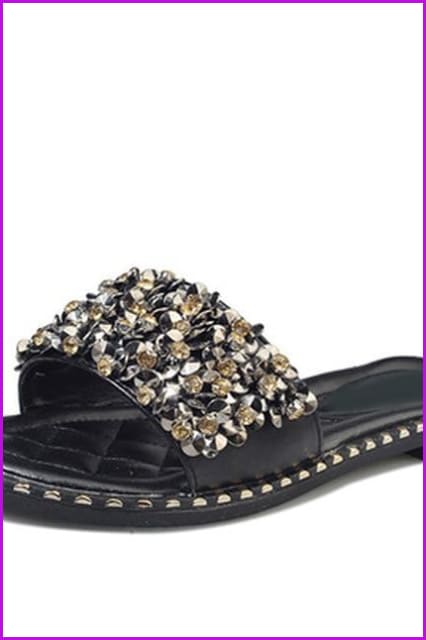 Black/Beige/Silver Crystal Rivets Flat Beach Slippers F140 - Furdela