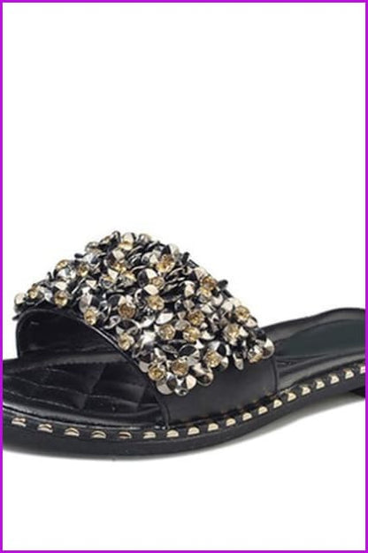 Black/Beige/Silver Crystal Rivets Flat Beach Slippers F140 - Furdela