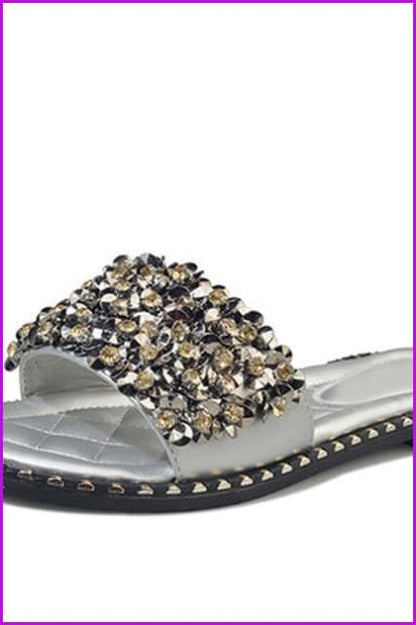 Black/Beige/Silver Crystal Rivets Flat Beach Slippers F140 - Furdela