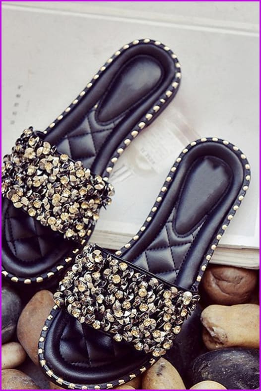 Black/Beige/Silver Crystal Rivets Flat Beach Slippers F140 - Furdela