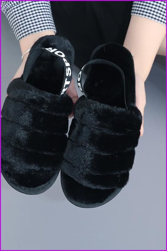 Black/Grey/Pink Fluffy Stripes Fur Sliders Sandles F155 - Furdela