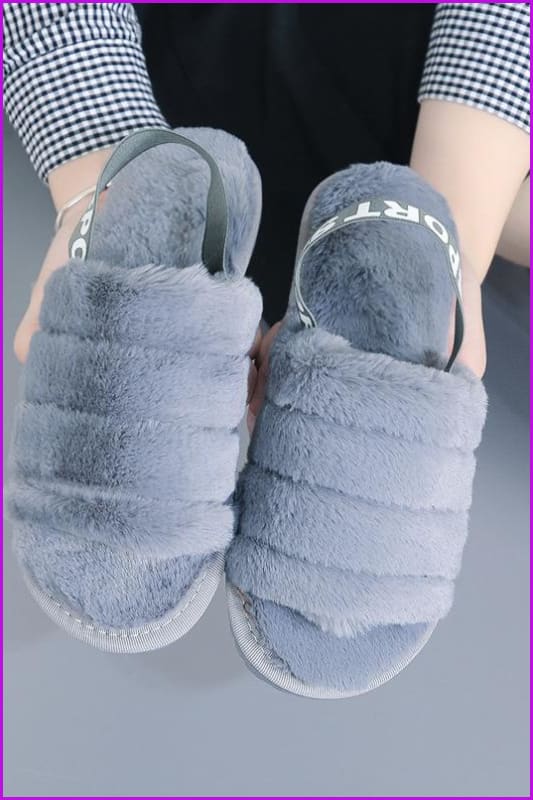 Black/Grey/Pink Fluffy Stripes Fur Sliders Sandles F155 - Furdela