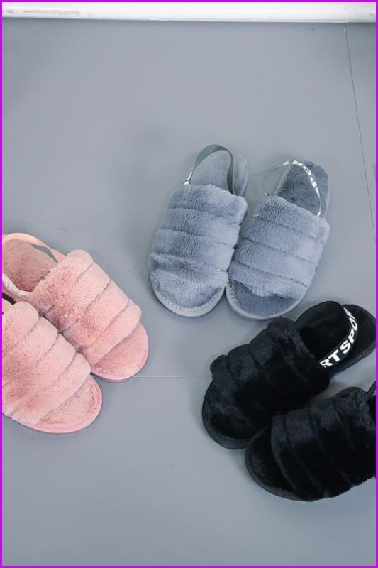 Black/Grey/Pink Fluffy Stripes Fur Sliders Sandles F155 - Furdela