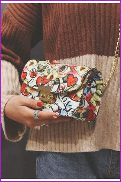 Black/Red/Green Sweet Heart Graffiti Cross Body Bag F138 - Furdela