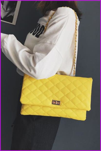 Black/Silver/White/Yellow Lady Chain Pu Big Leather Shoulder Handbag F224 - Furdela