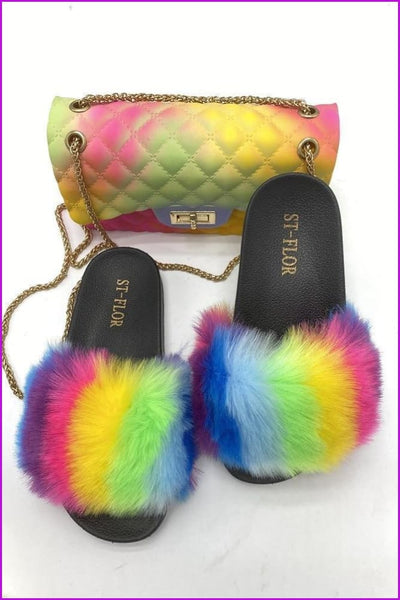 Black/White Sole Rainbow Color Fluffy Fur Slides F1203 - Furdela