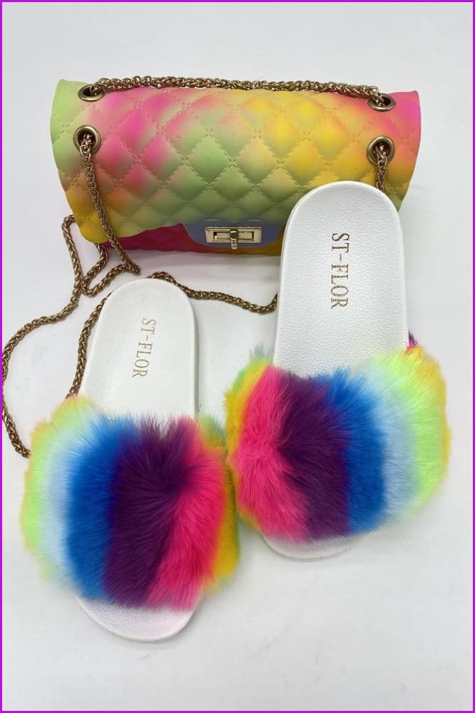 Black/White Sole Rainbow Color Fluffy Fur Slides F1203 - Furdela