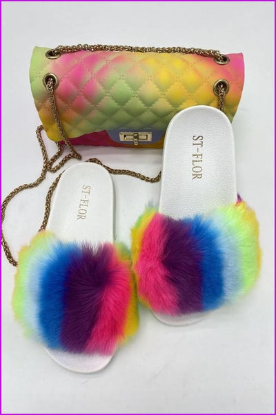 Black/White Sole Rainbow Color Fluffy Fur Slides F1203 - Furdela