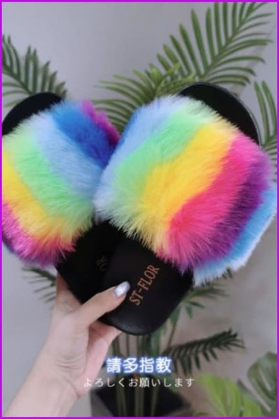 Black/White Sole Rainbow Color Fluffy Fur Slides F1203 - Furdela