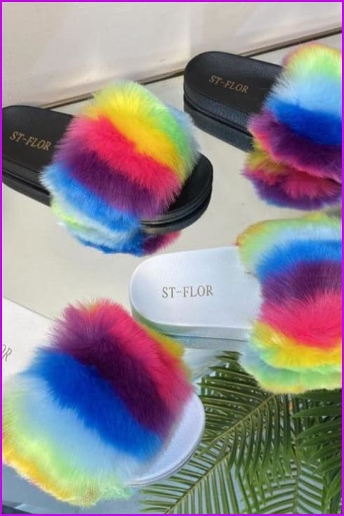 Black/White Sole Rainbow Color Fluffy Fur Slides F1203 - Furdela
