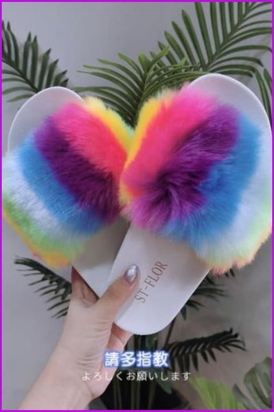 Black/White Sole Rainbow Color Fluffy Fur Slides F1203 - Furdela