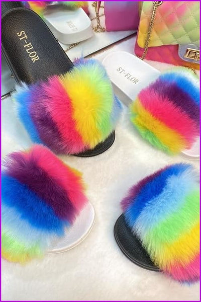 Black/White Sole Rainbow Color Fluffy Fur Slides F1203 - Furdela
