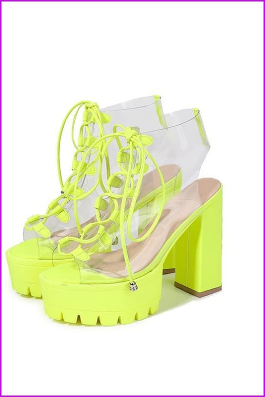 Black/White/Neon Green Lace Up Fish Mouth High Heel Sandals F246 - Furdela