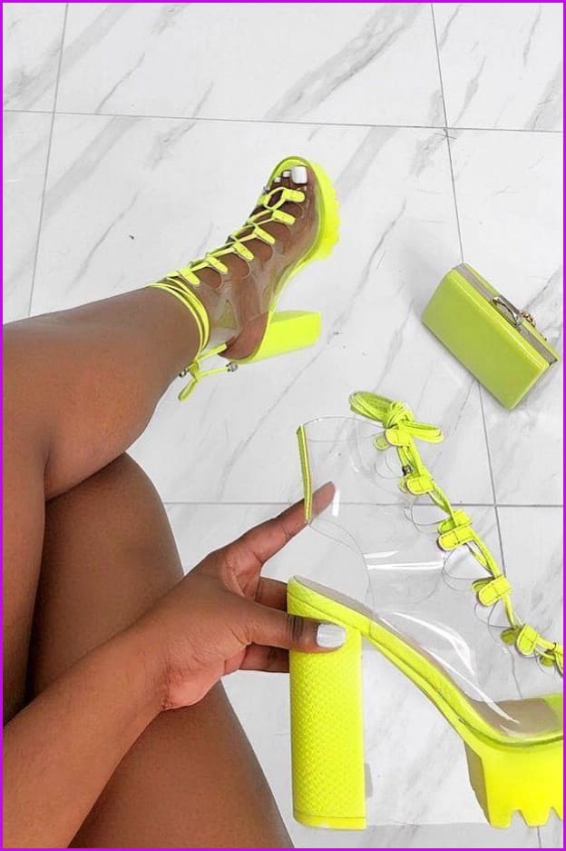 Black/White/Neon Green Lace Up Fish Mouth High Heel Sandals F246 - Furdela